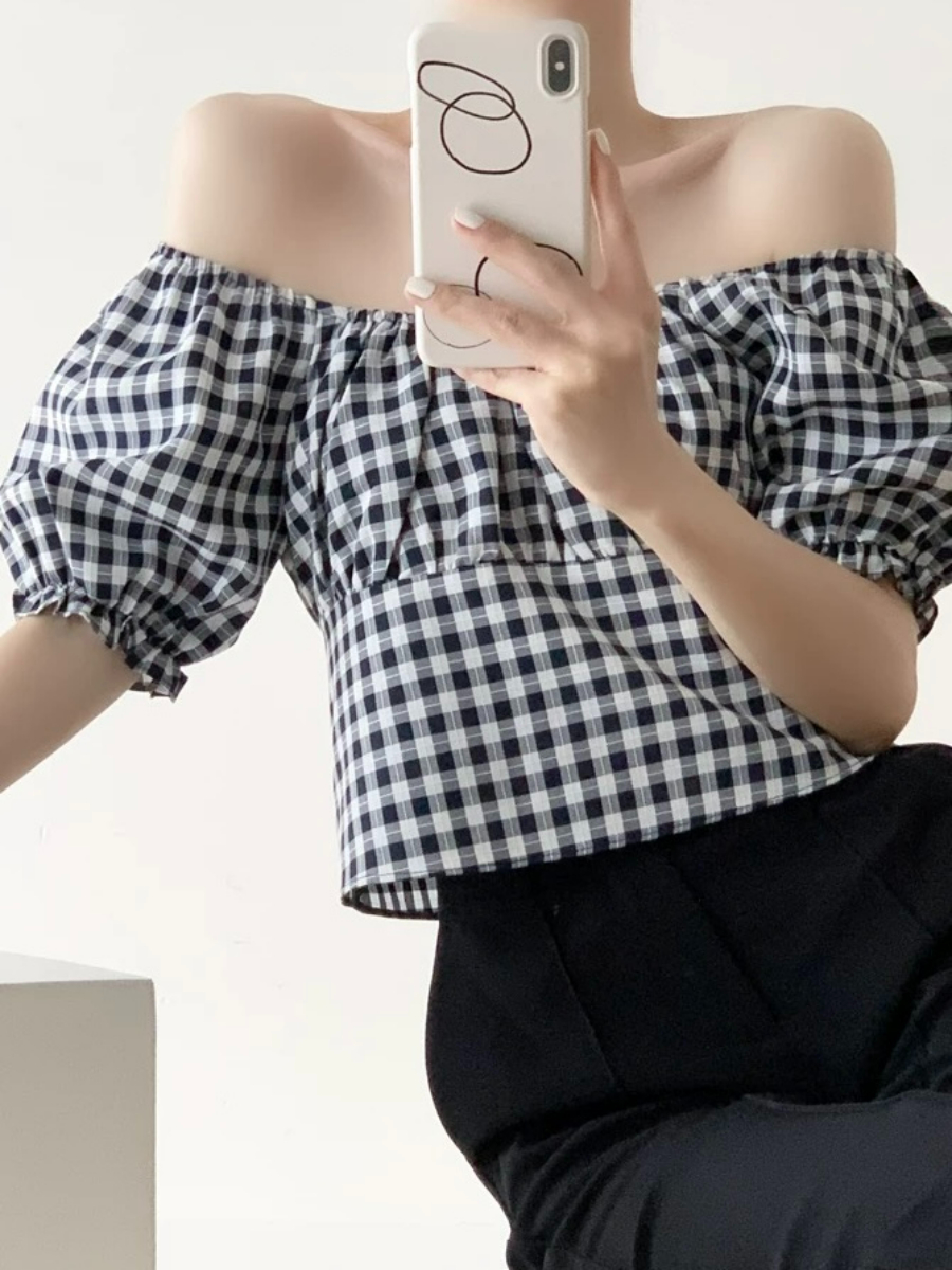 Maple Puff Sleeve Checked Blouse