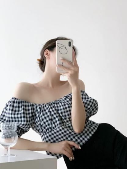 Maple Puff Sleeve Checked Blouse