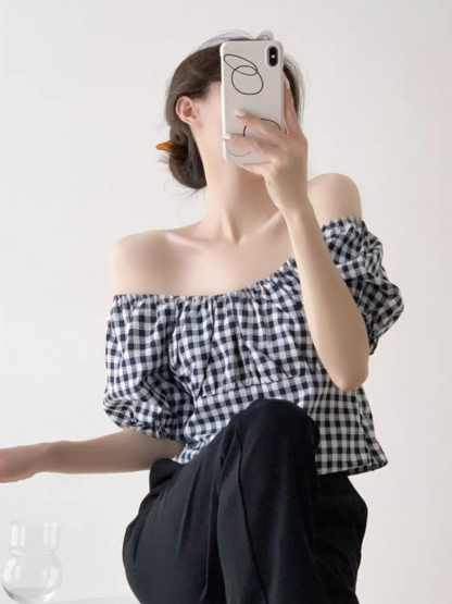 Maple Puff Sleeve Checked Blouse