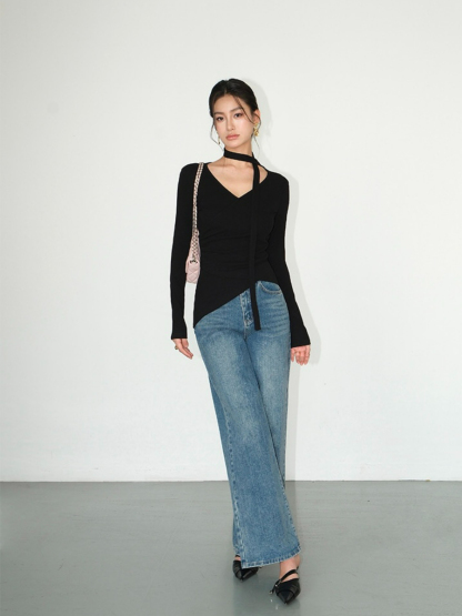 Jeysiah Neck Tie Knit Top-The Black Bow-