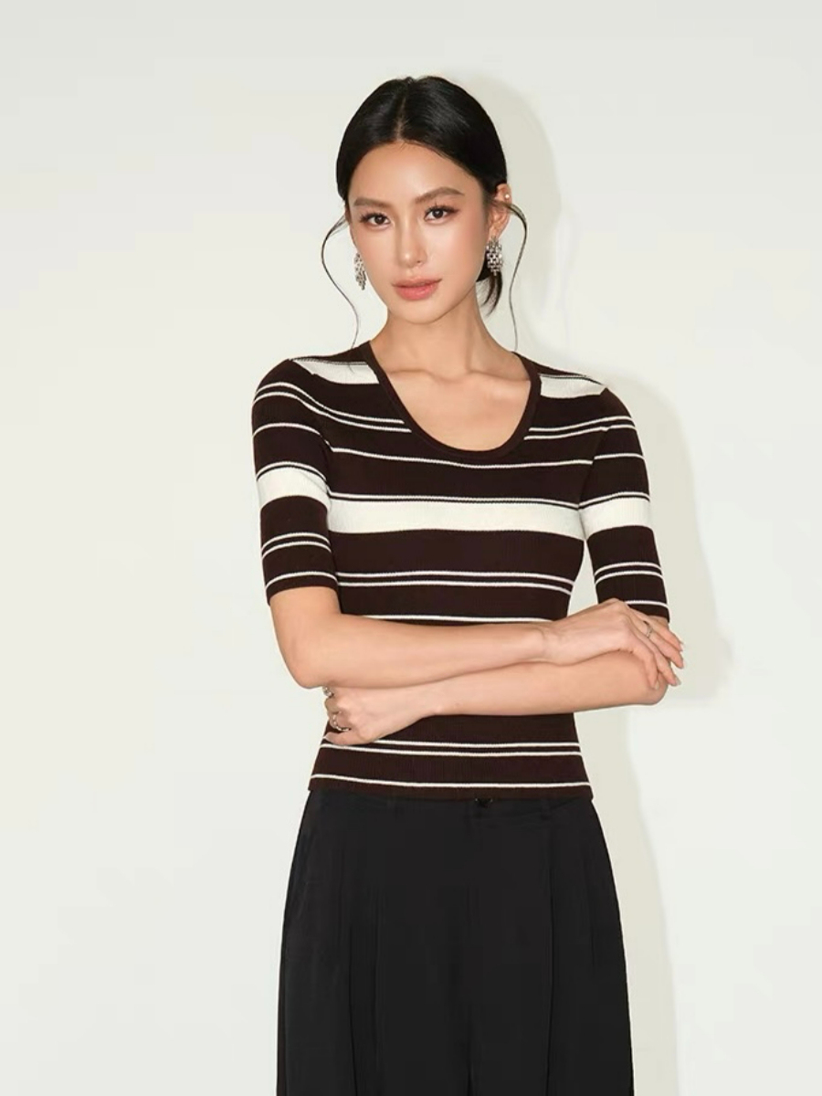 Frances Scoop Neck Classic Stripe Knit Top
