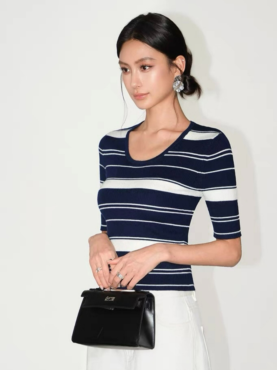 Frances Scoop Neck Classic Stripe Knit Top