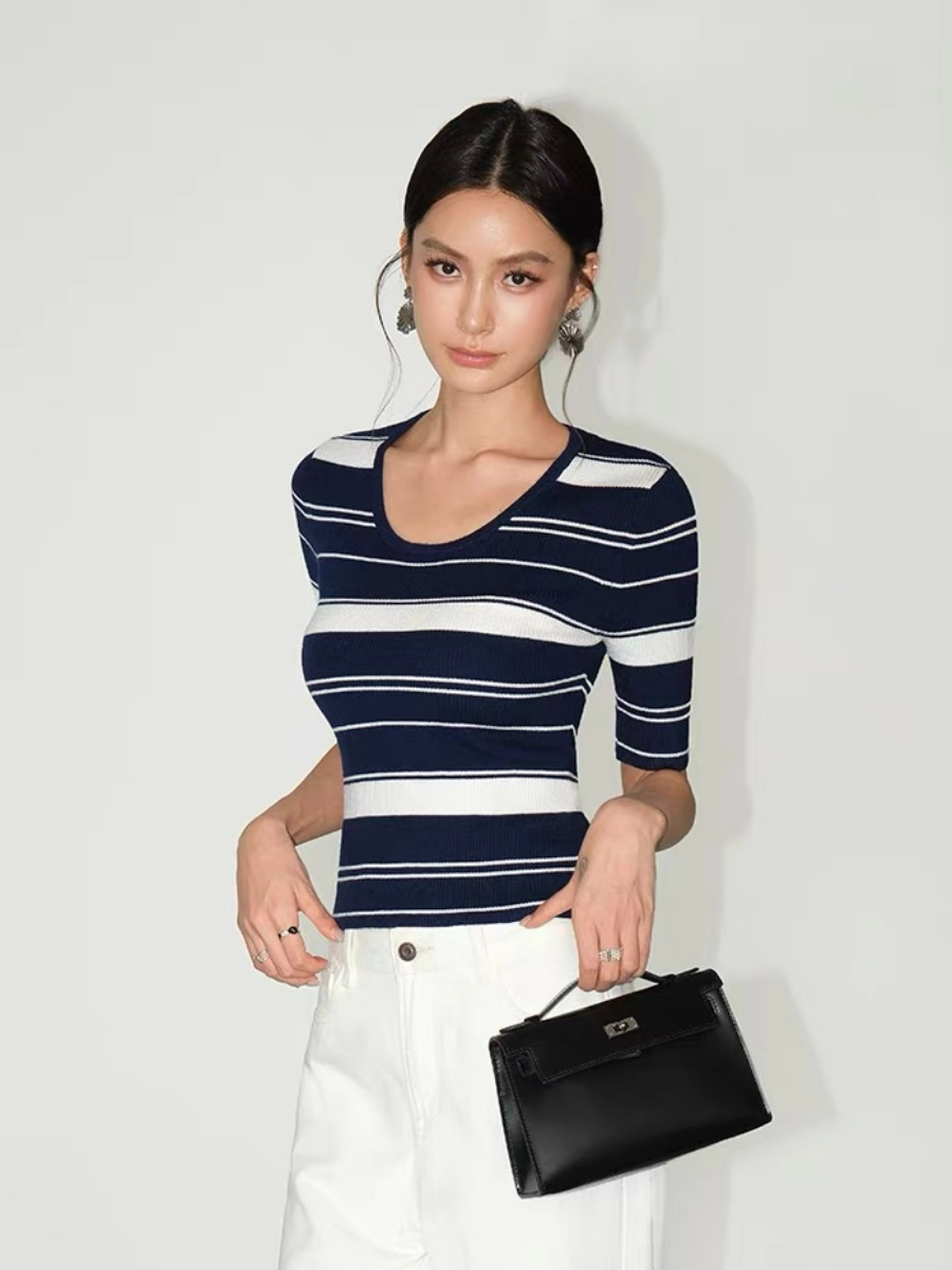 Frances Scoop Neck Classic Stripe Knit Top