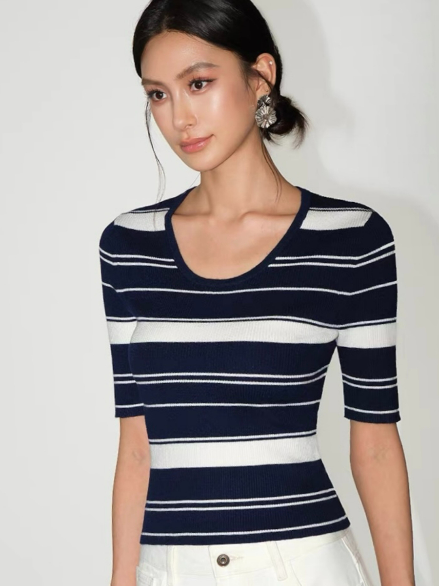 Frances Scoop Neck Classic Stripe Knit Top