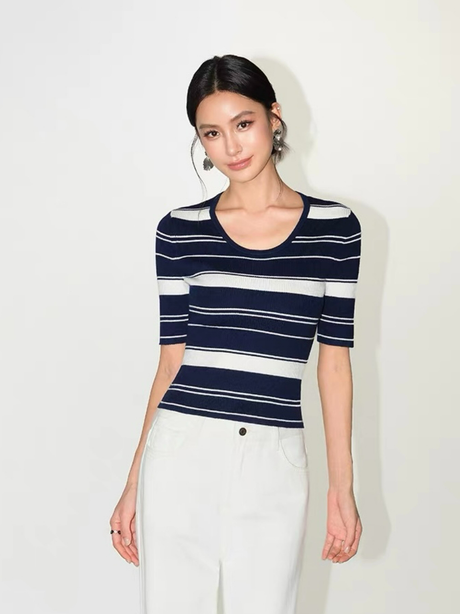 Frances Scoop Neck Classic Stripe Knit Top