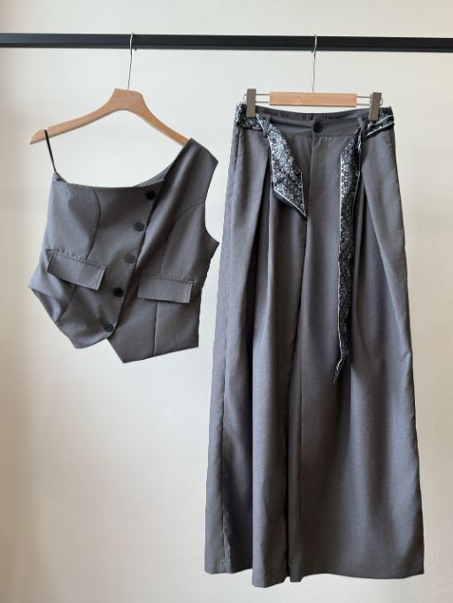 Levi One Shoulder Vest & Pants Set with Scarf
