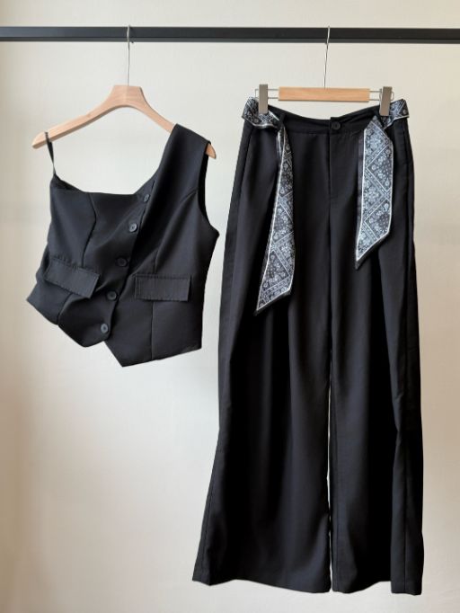 Levi One Shoulder Vest & Pants Set with Scarf