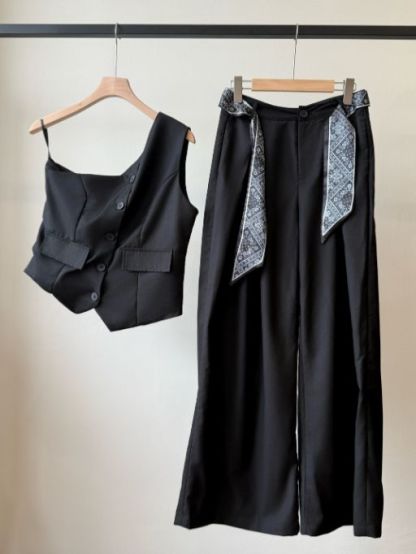 Levi One Shoulder Vest & Pants Set with Scarf