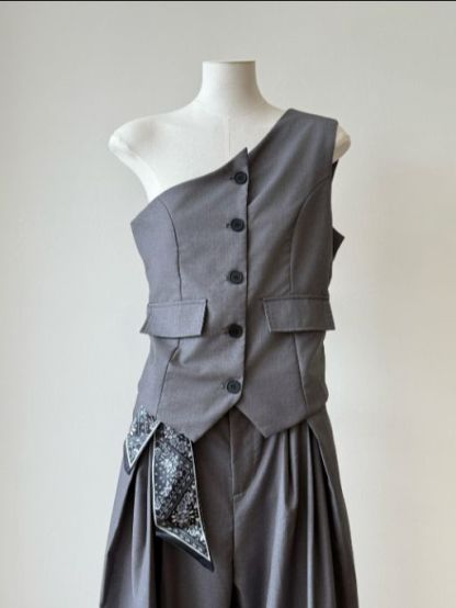 Levi One Shoulder Vest & Pants Set with Scarf