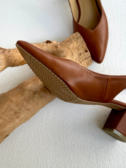 Noir Pointed Toe Block Heel Slingbacks-Windsor Tan-The Black Bow-