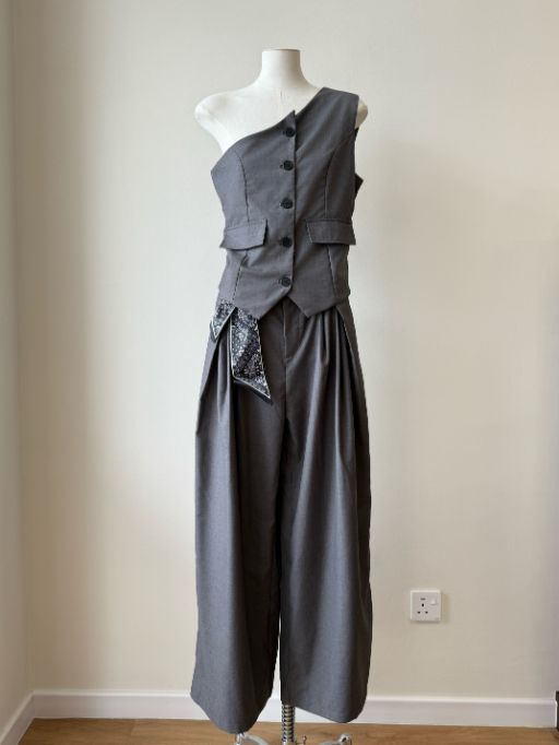 Levi One Shoulder Vest & Pants Set with Scarf