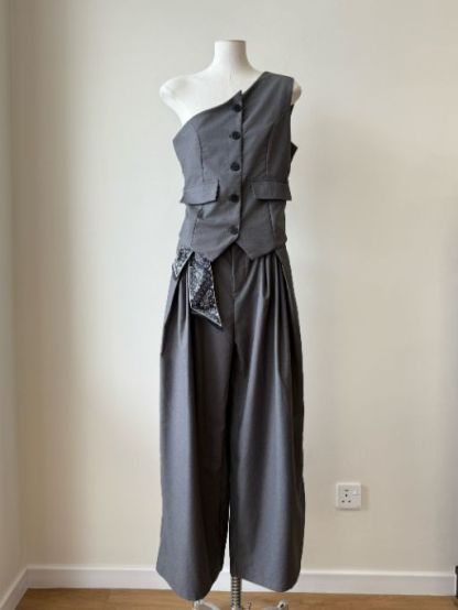 Levi One Shoulder Vest & Pants Set with Scarf