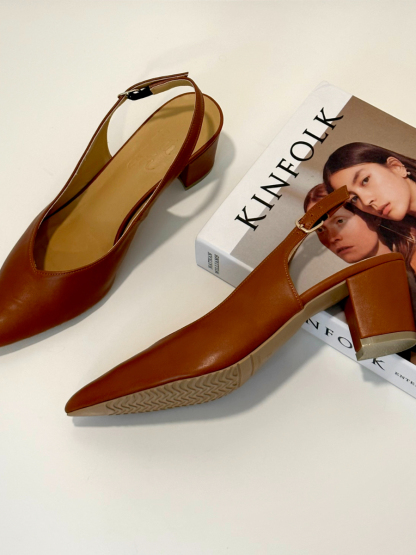 Noir Pointed Toe Block Heel Slingbacks-Windsor Tan-The Black Bow-