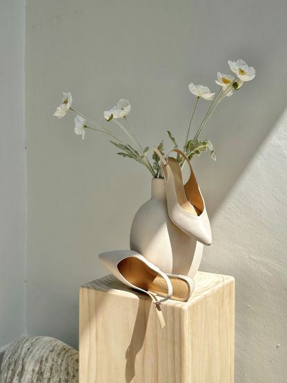 Noir Pointed Toe Block Heel Slingbacks-Cream-The Black Bow-