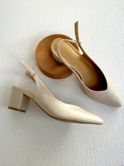Noir Pointed Toe Block Heel Slingbacks-Cream-The Black Bow-