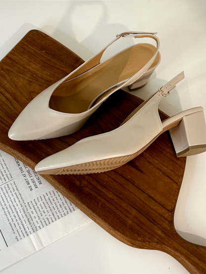 Noir Pointed Toe Block Heel Slingbacks-Cream-The Black Bow-