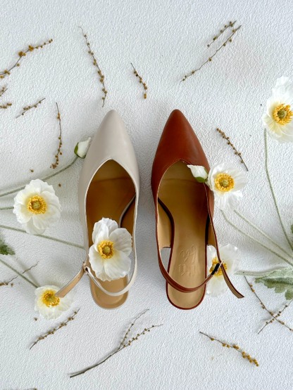 Noir Pointed Toe Block Heel Slingbacks-Windsor Tan-The Black Bow-