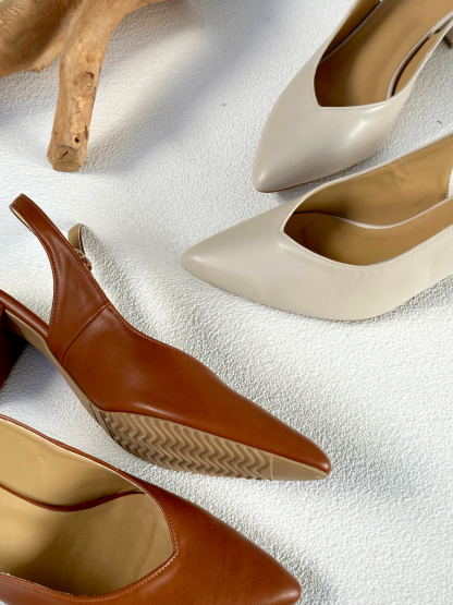 Noir Pointed Toe Block Heel Slingbacks-Windsor Tan-The Black Bow-