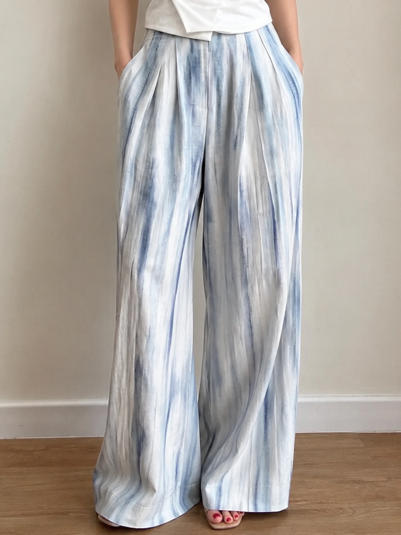 Charlie Watercolor Tencel Linen Wide-Leg Pants