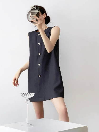 Natahja Sleeveless Button Shift Dress-The Black Bow-
