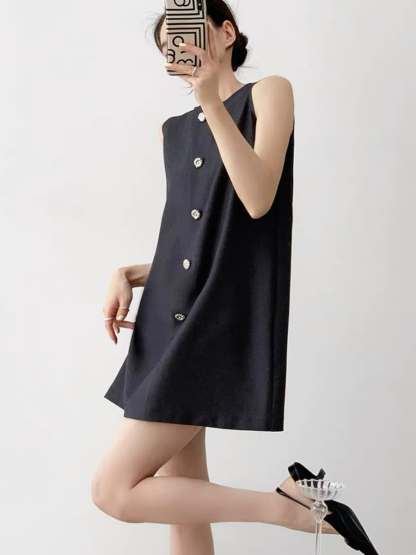 Natahja Sleeveless Button Shift Dress-The Black Bow-