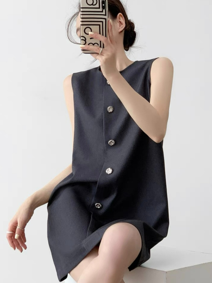 Natahja Sleeveless Button Shift Dress-The Black Bow-