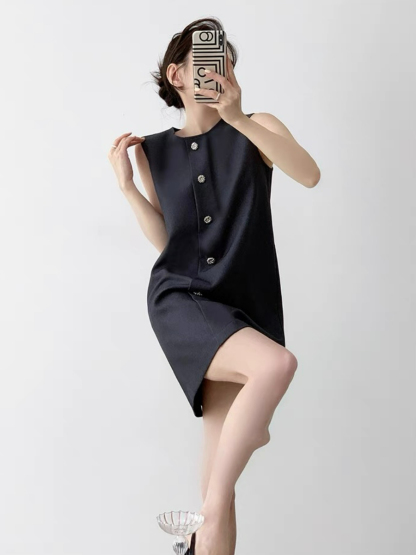 Natahja Sleeveless Button Shift Dress-The Black Bow-