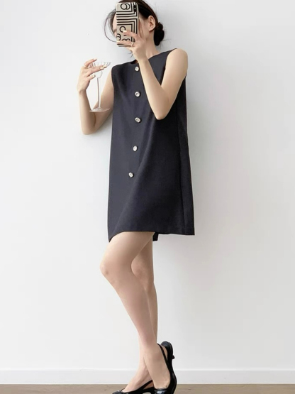 Natahja Sleeveless Button Shift Dress-The Black Bow-