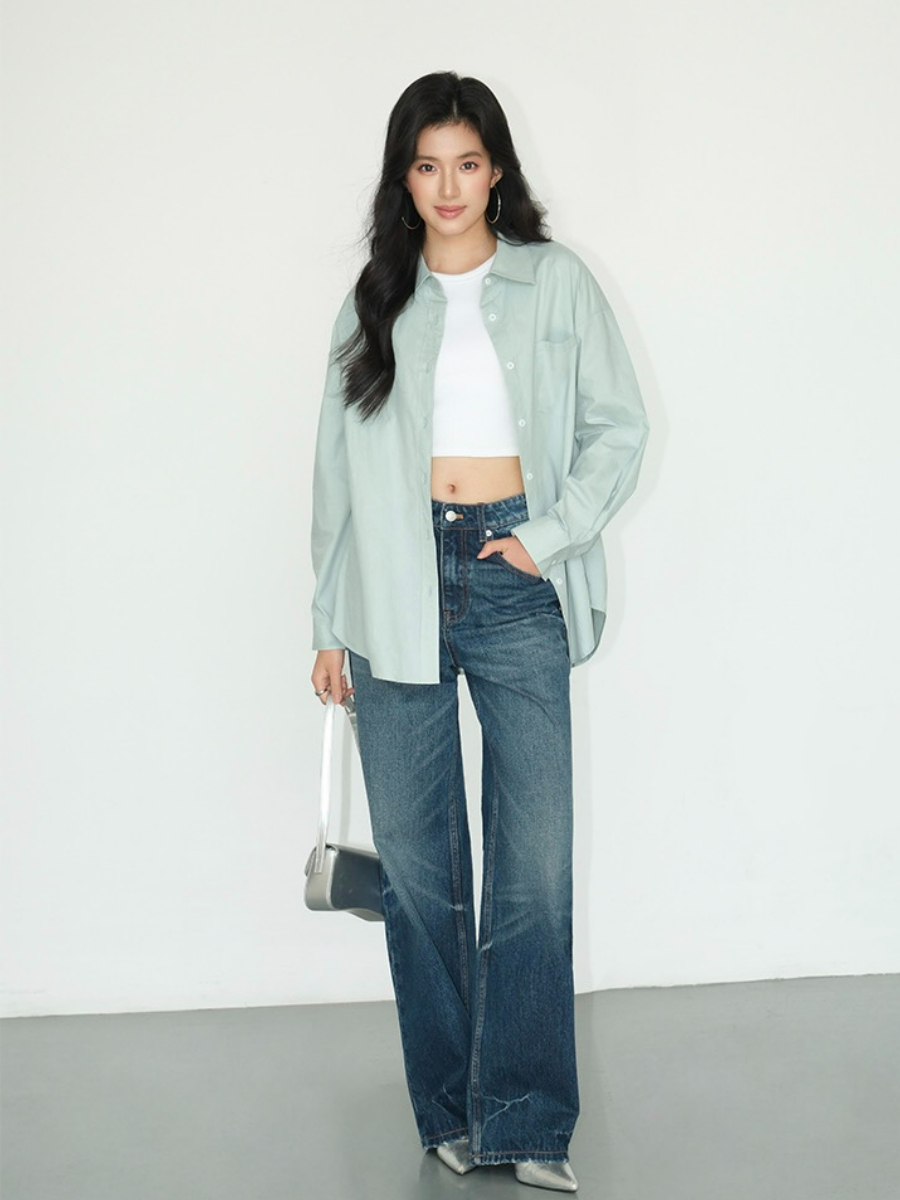 Kenna Oversized Cotton Shirt with Pocket-The Black Bow-