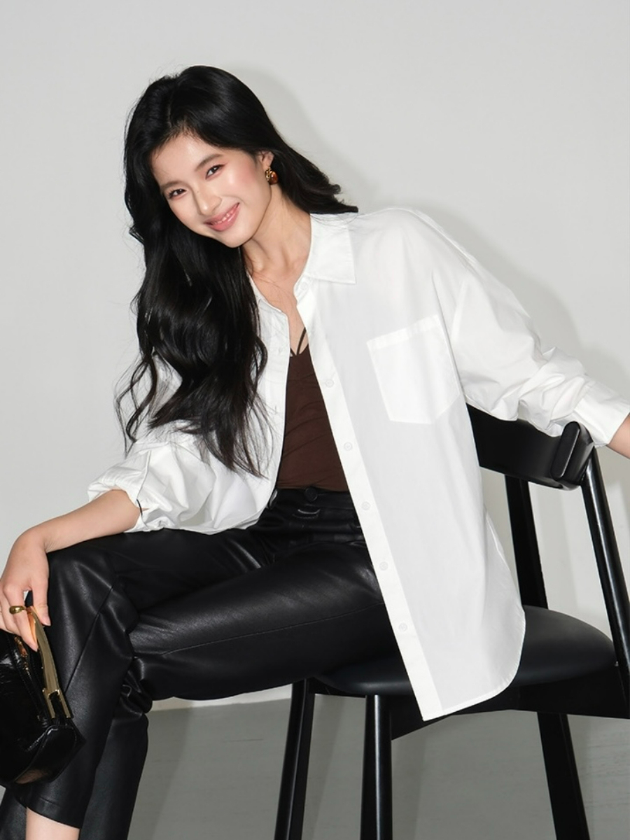 Kenna Oversized Cotton Shirt with Pocket-The Black Bow-