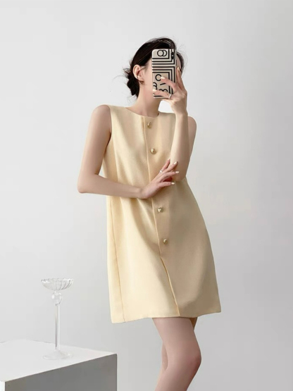 Natahja Sleeveless Button Shift Dress-The Black Bow-
