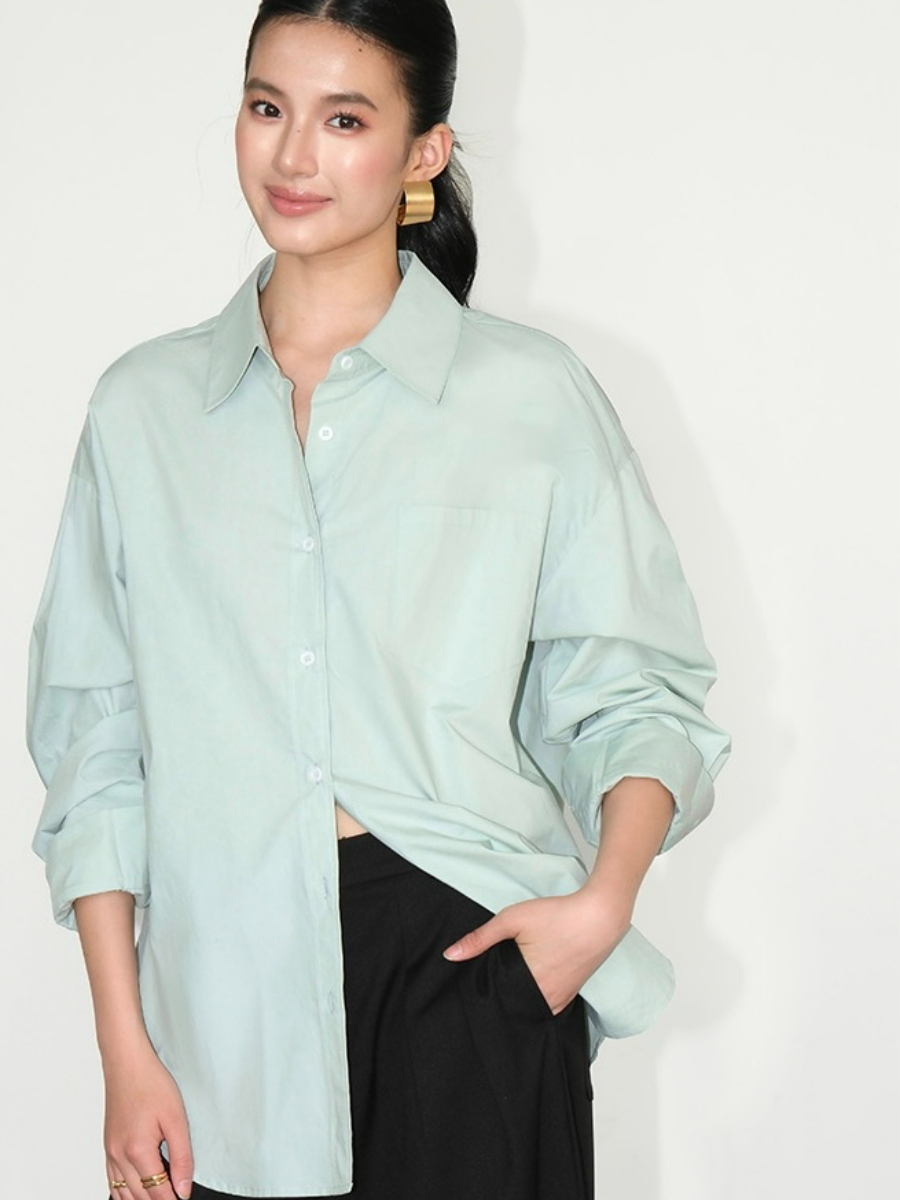 Kenna Oversized Cotton Shirt with Pocket-The Black Bow-