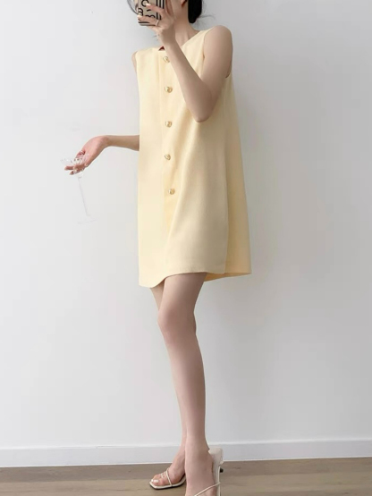 Natahja Sleeveless Button Shift Dress-The Black Bow-