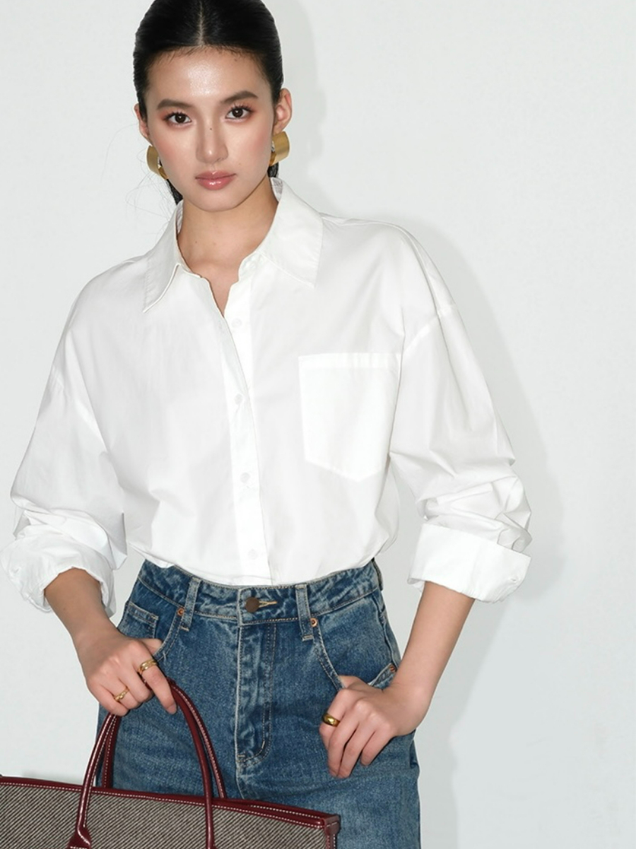 Kenna Oversized Cotton Shirt with Pocket-The Black Bow-