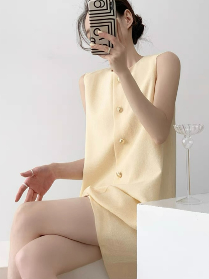 Natahja Sleeveless Button Shift Dress-The Black Bow-