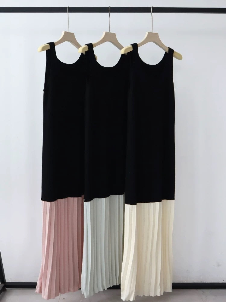 Elise Color Binding Pleated Patchwork Knit Dress-The Black Bow-