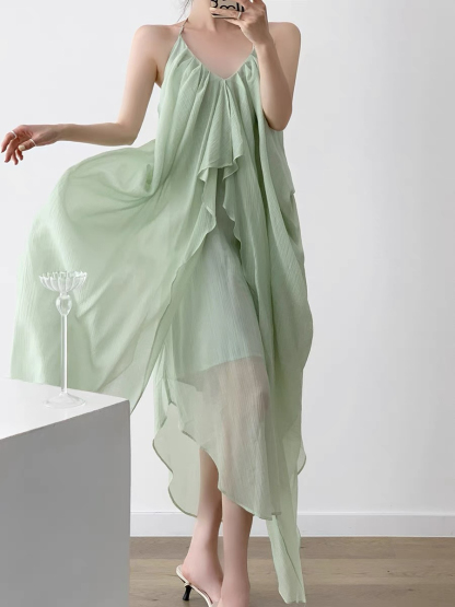 Nubia Halter Neck Layered Flowy Dress-The Black Bow-