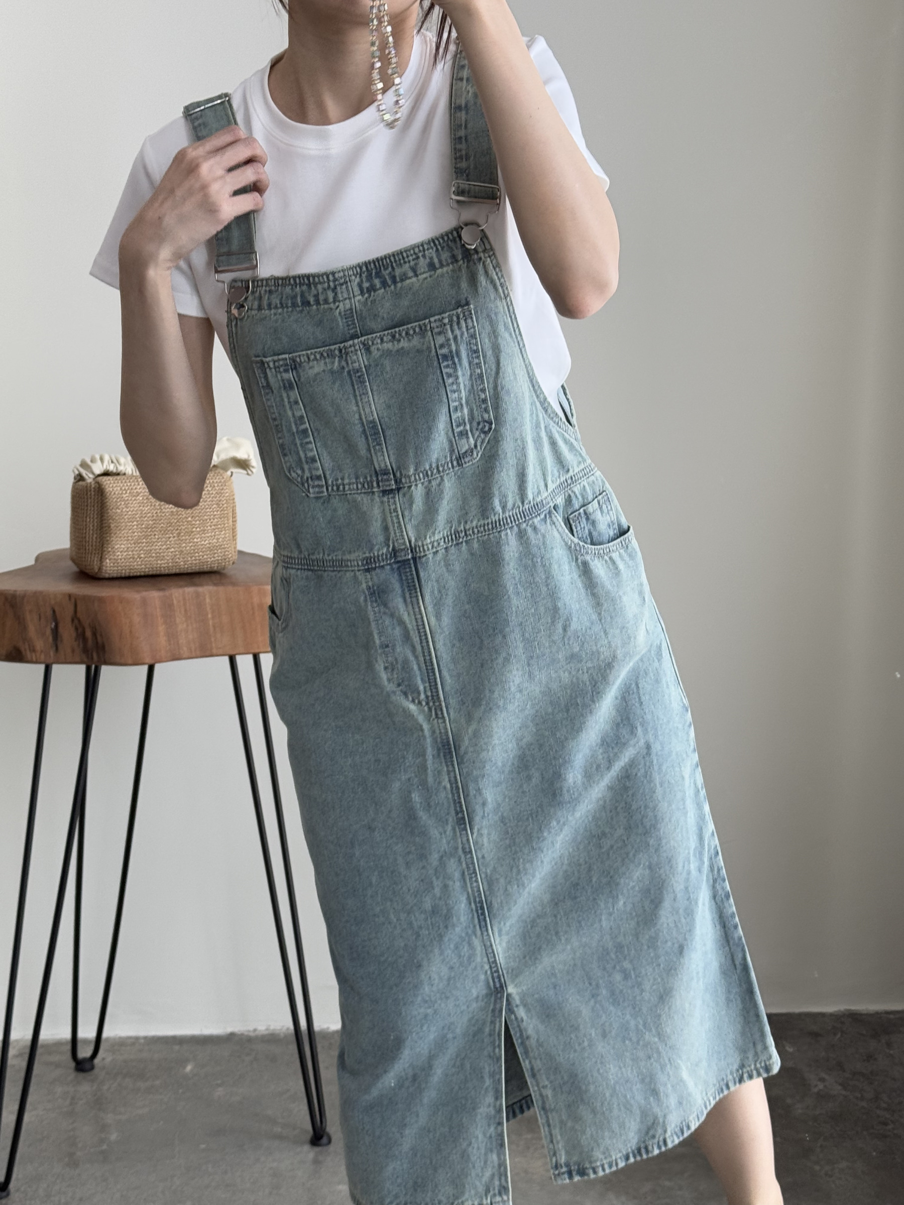 American Denim Dungaree Dress & Pezy Basic Tee-The Black Bow-