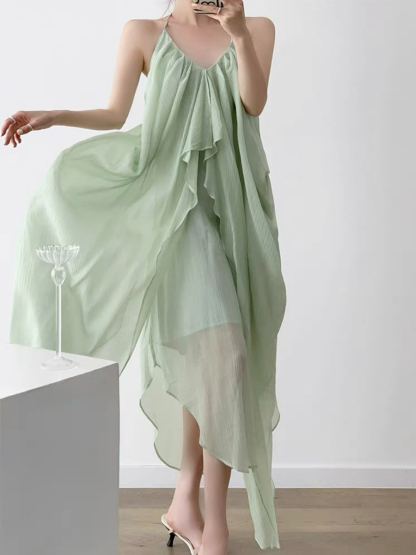 Nubia Halter Neck Layered Flowy Dress-The Black Bow-