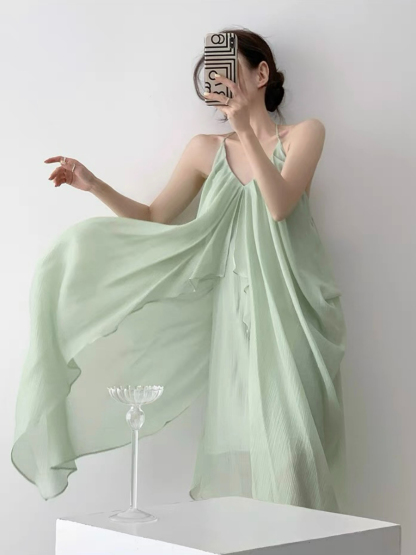 Nubia Halter Neck Layered Flowy Dress-The Black Bow-