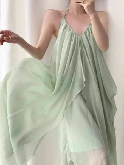 Nubia Halter Neck Layered Flowy Dress-The Black Bow-
