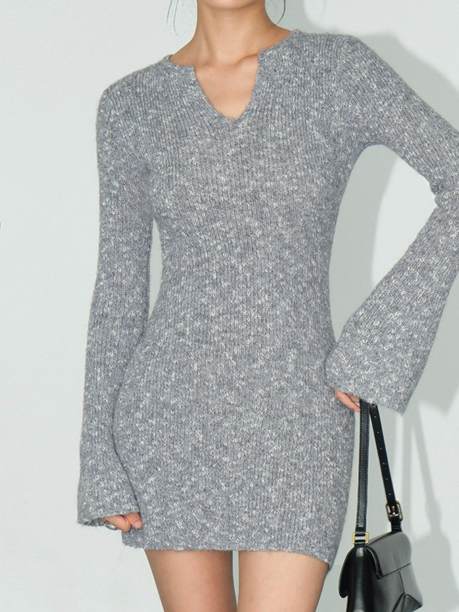 Jerryco Trumpet Sleeve Woolen Mini Dress-The Black Bow-