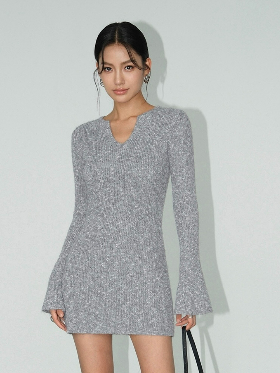 Jerryco Trumpet Sleeve Woolen Mini Dress-The Black Bow-