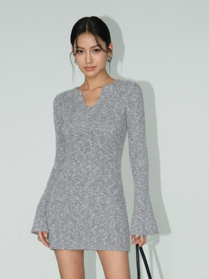 Jerryco Trumpet Sleeve Woolen Mini Dress-The Black Bow-