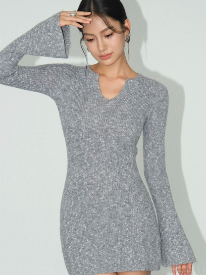 Jerryco Trumpet Sleeve Woolen Mini Dress-The Black Bow-