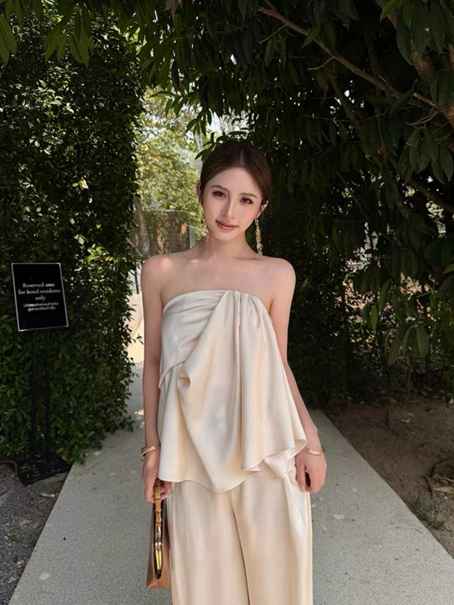 Falishia Crinkled Satin Tube Top and Pants (Top & bottoms sold seperately)