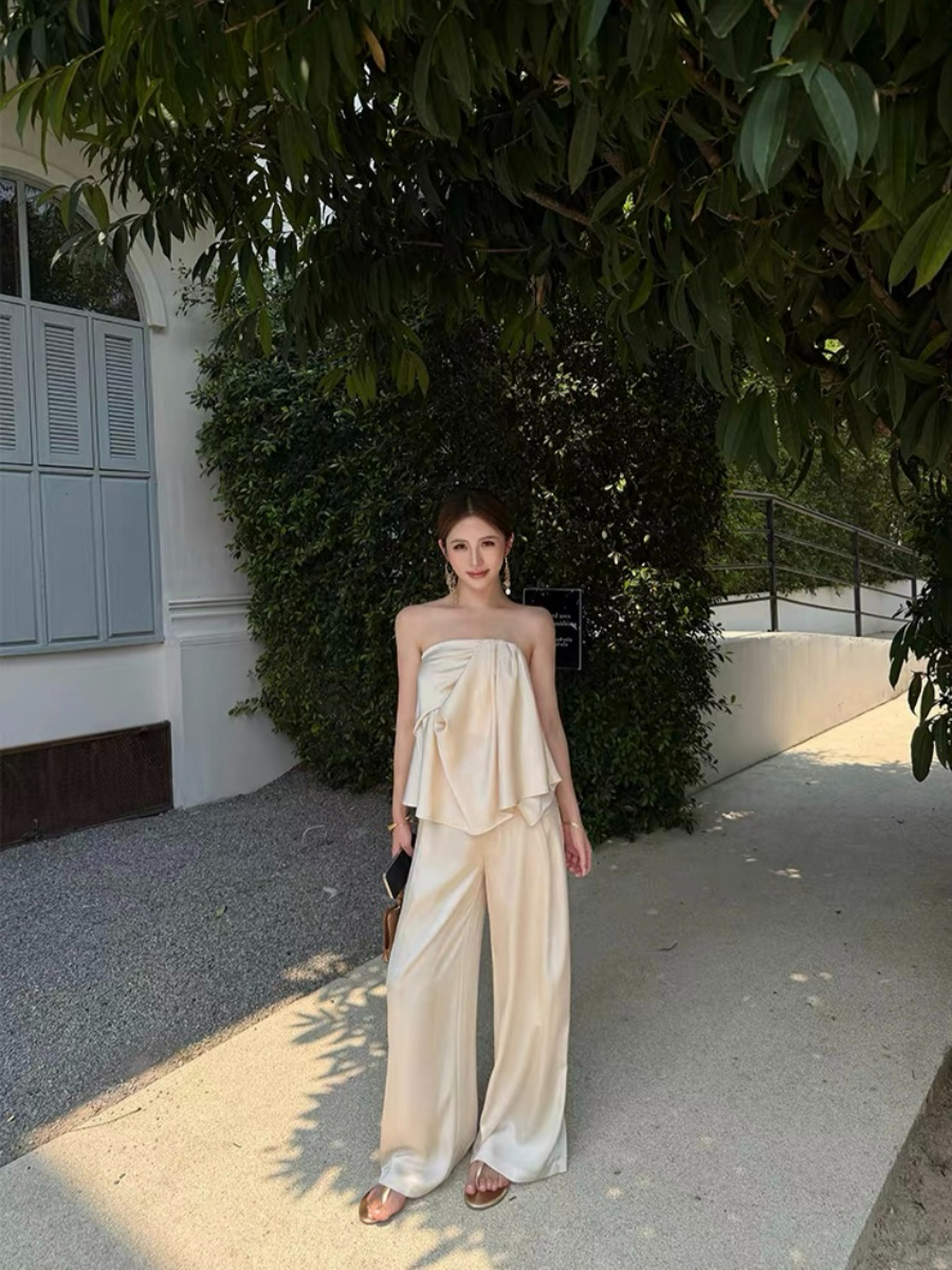 Falishia Crinkled Satin Tube Top and Pants (Top & bottoms sold seperately)