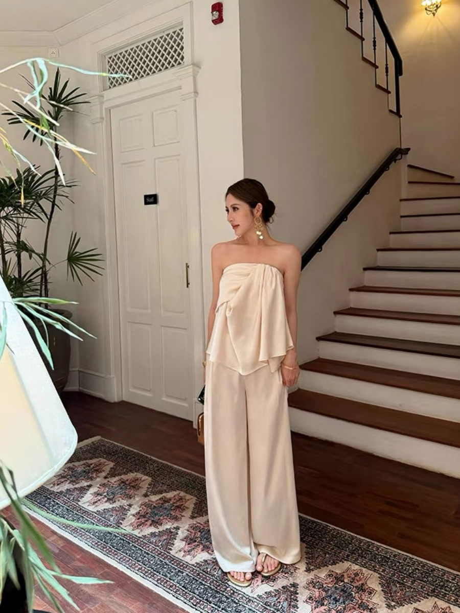 Falishia Crinkled Satin Tube Top and Pants (Top & bottoms sold seperately)