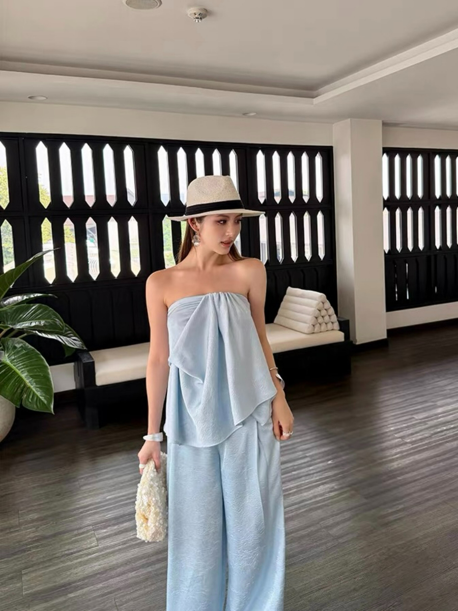 Falishia Crinkled Satin Tube Top and Pants (Top & bottoms sold seperately)