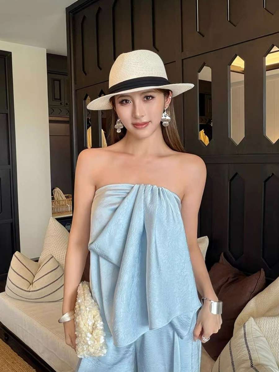 Falishia Crinkled Satin Tube Top and Pants (Top & bottoms sold seperately)